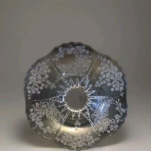 VTG Martinsville Bowl Clear Etched Glass 10" 3 Footed Scallop Rim Flower Basket‎